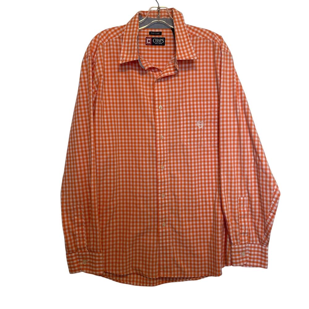 CHAPS Gingham Button Shirt Mens XL Orange White Easy Care Long Sleeve